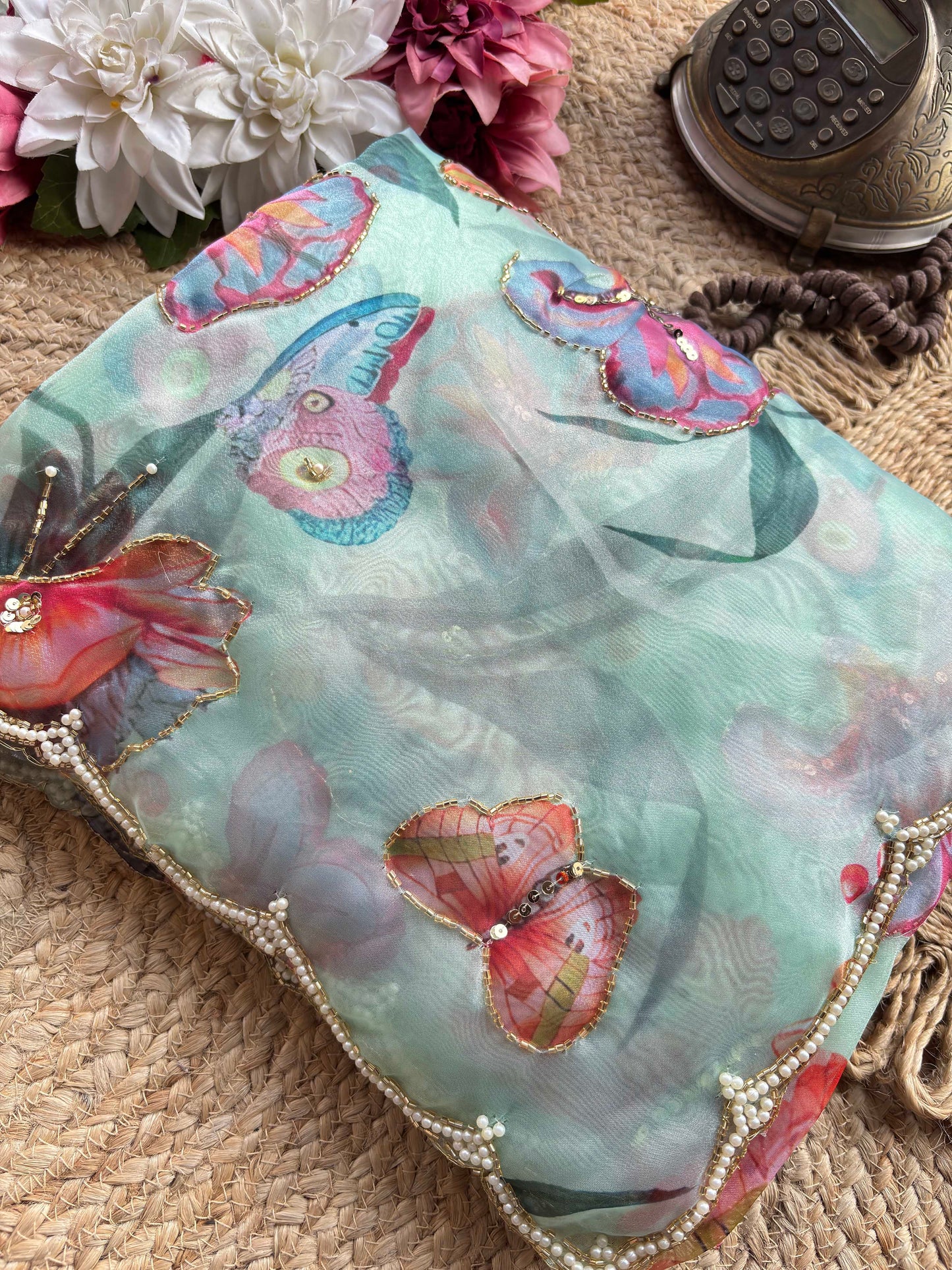 Mint Green Floral & Butterfly Printed Saree with Pearl Scallop Border