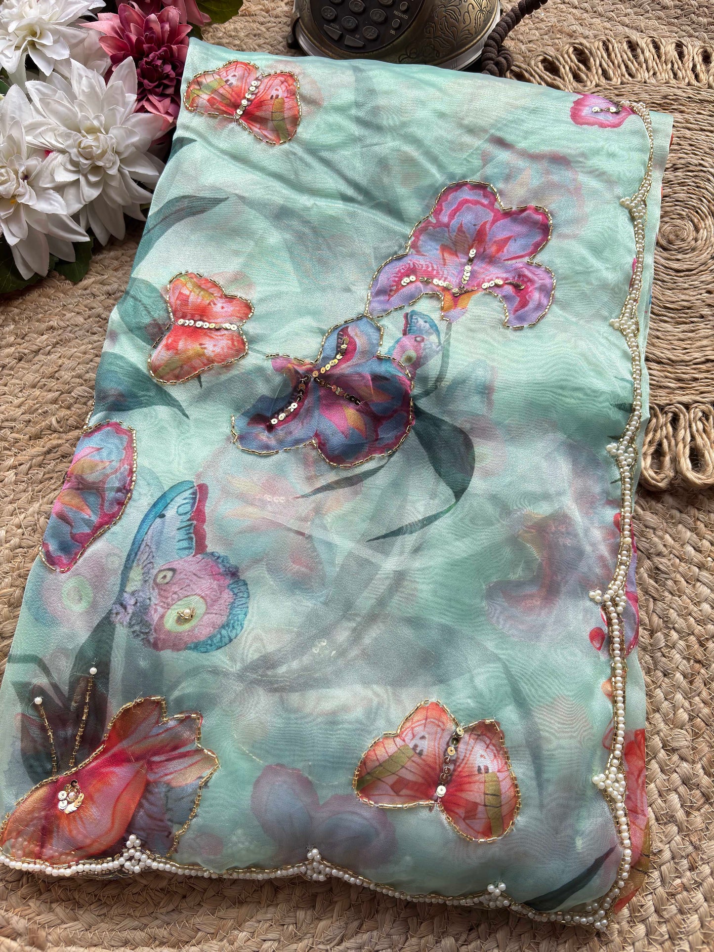 Mint Green Floral & Butterfly Printed Saree with Pearl Scallop Border