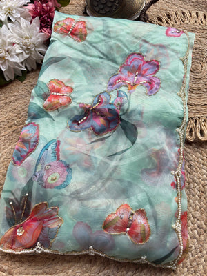 Mint Green Floral & Butterfly Printed Saree with Pearl Scallop Border