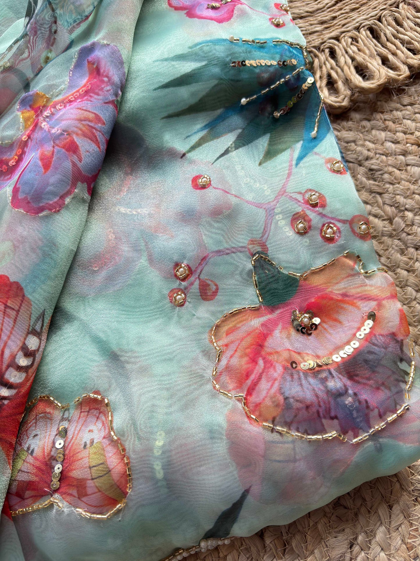 Mint Green Floral & Butterfly Printed Saree with Pearl Scallop Border