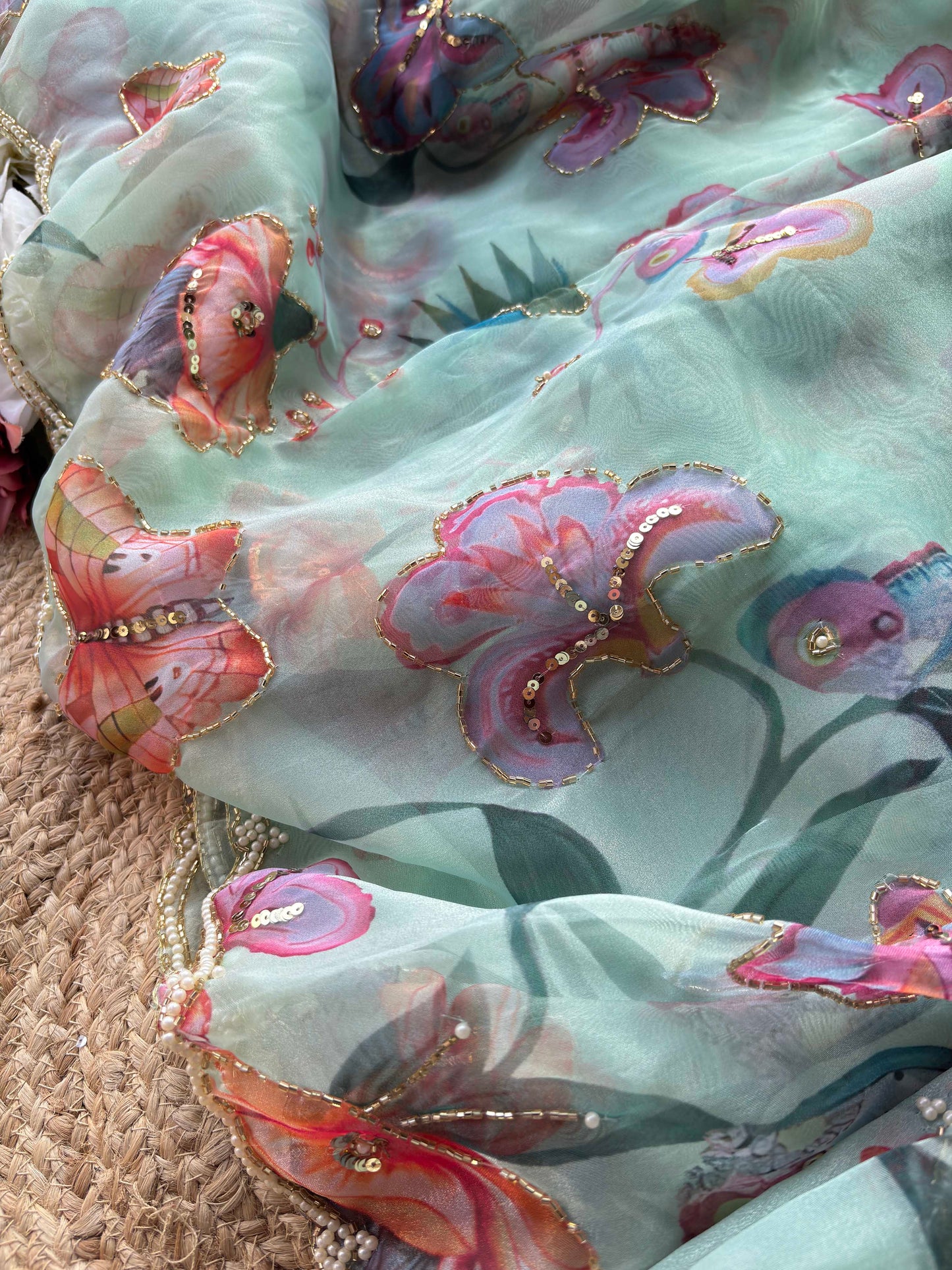 Mint Green Floral & Butterfly Printed Saree with Pearl Scallop Border