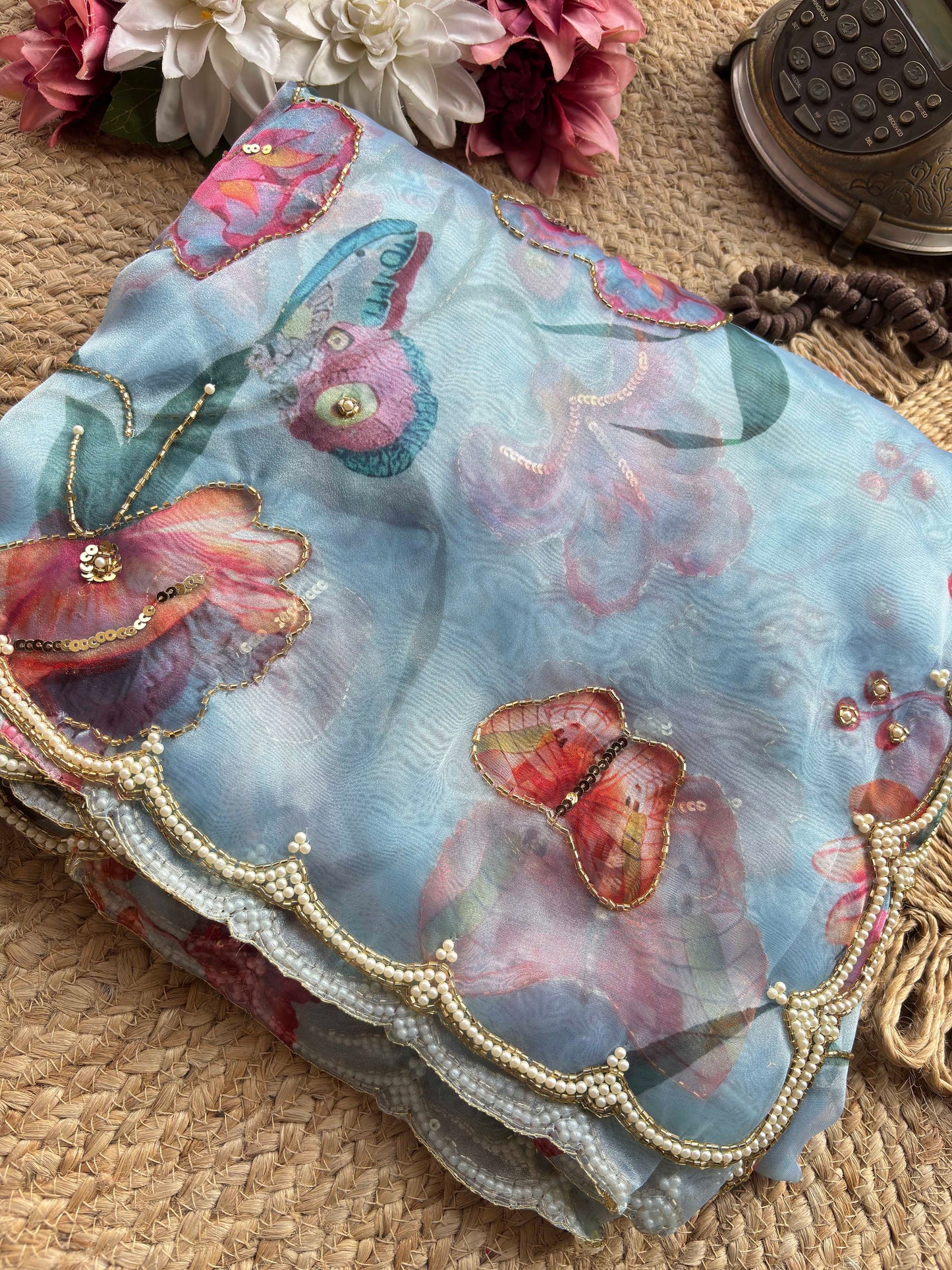 Powder Blue Floral & Butterfly Printed Saree with Pearl Scallop Border