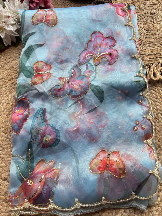 Powder Blue Floral & Butterfly Printed Saree with Pearl Scallop Border
