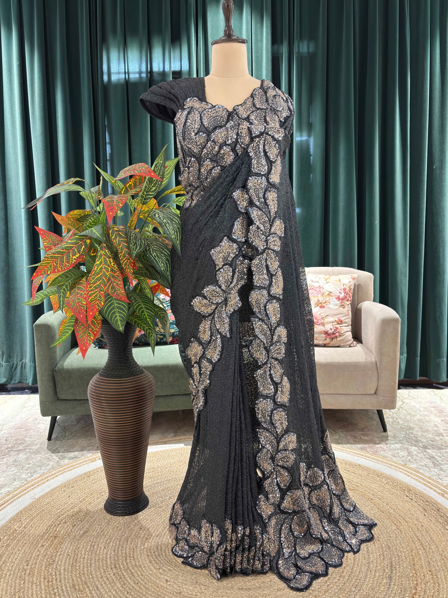 Grey Embroidered Saree with Luxe Floral Sequin Detailing