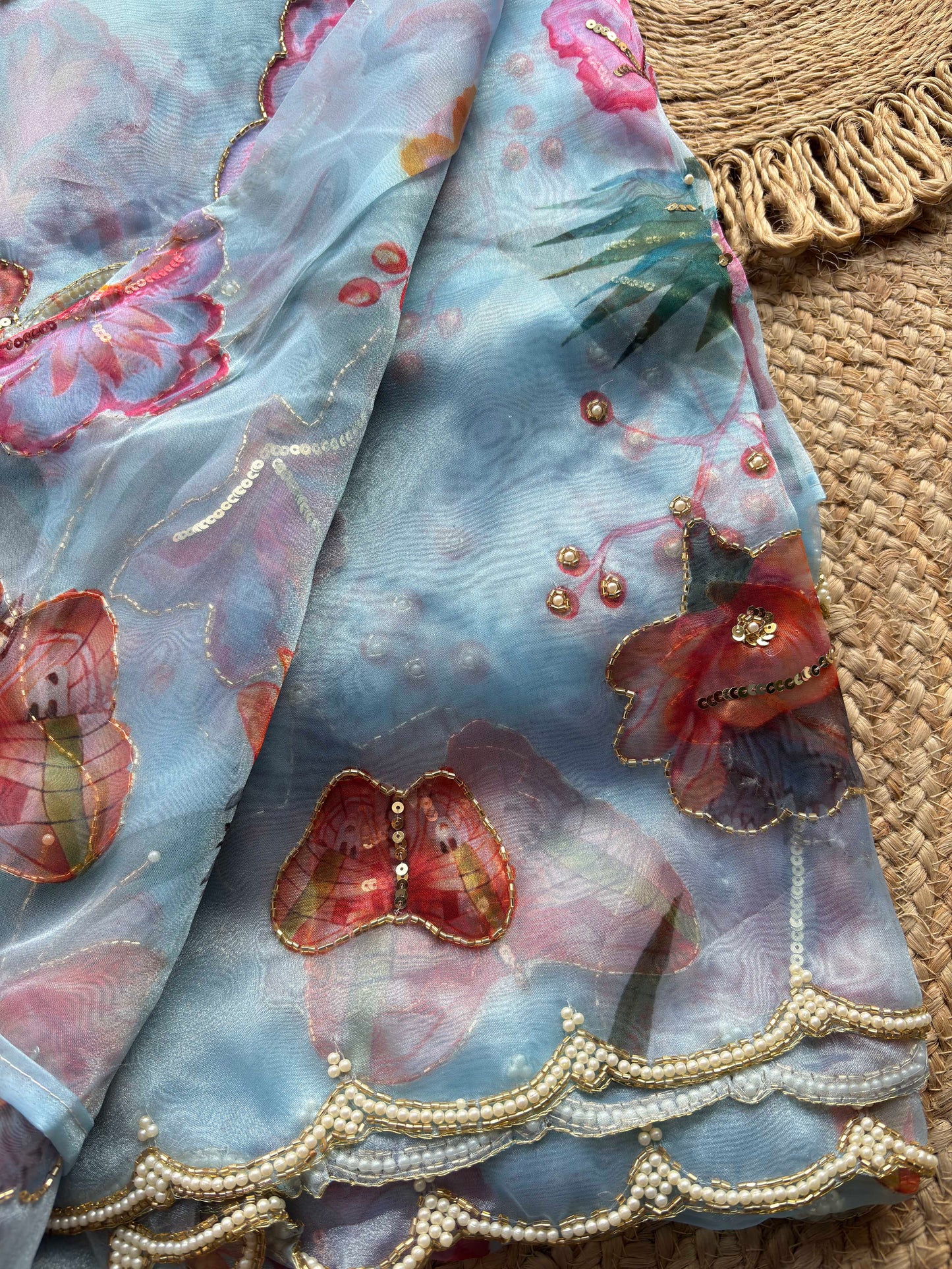 Powder Blue Floral & Butterfly Printed Saree with Pearl Scallop Border