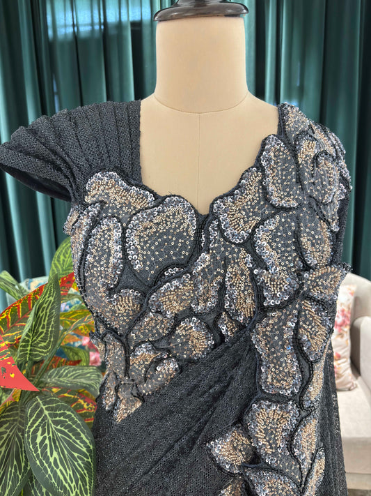 Grey Embroidered Saree with Luxe Floral Sequin Detailing
