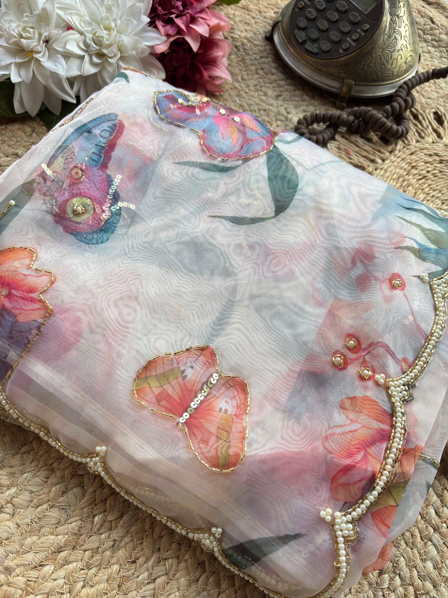Ivory Blush Floral & Butterfly Printed Saree with Pearl Scallop Border