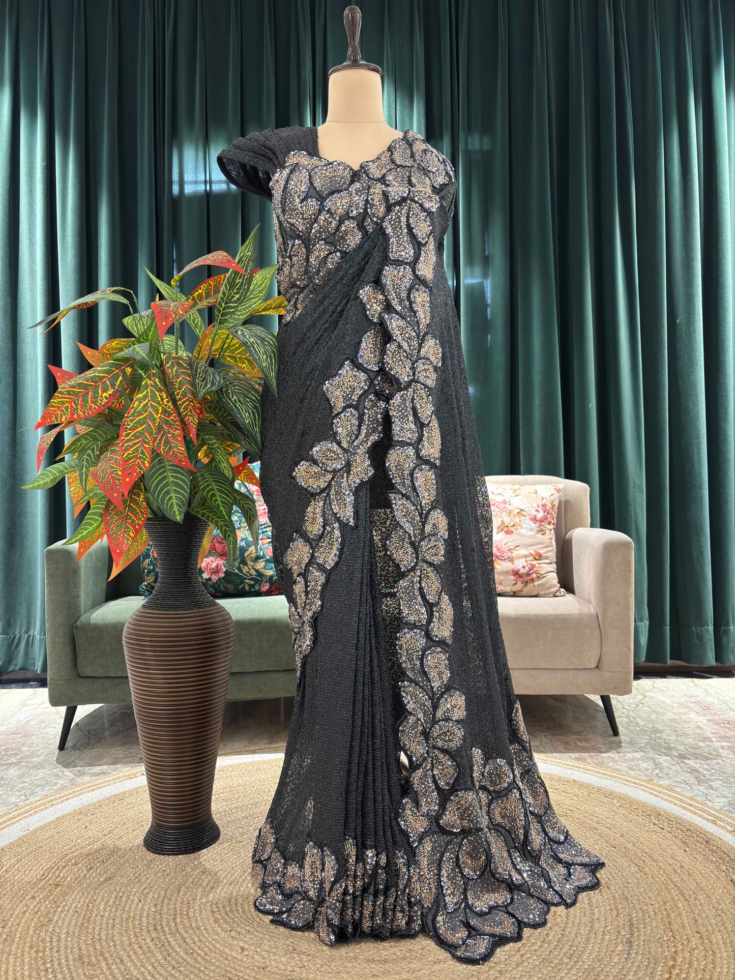 Grey Embroidered Saree with Luxe Floral Sequin Detailing