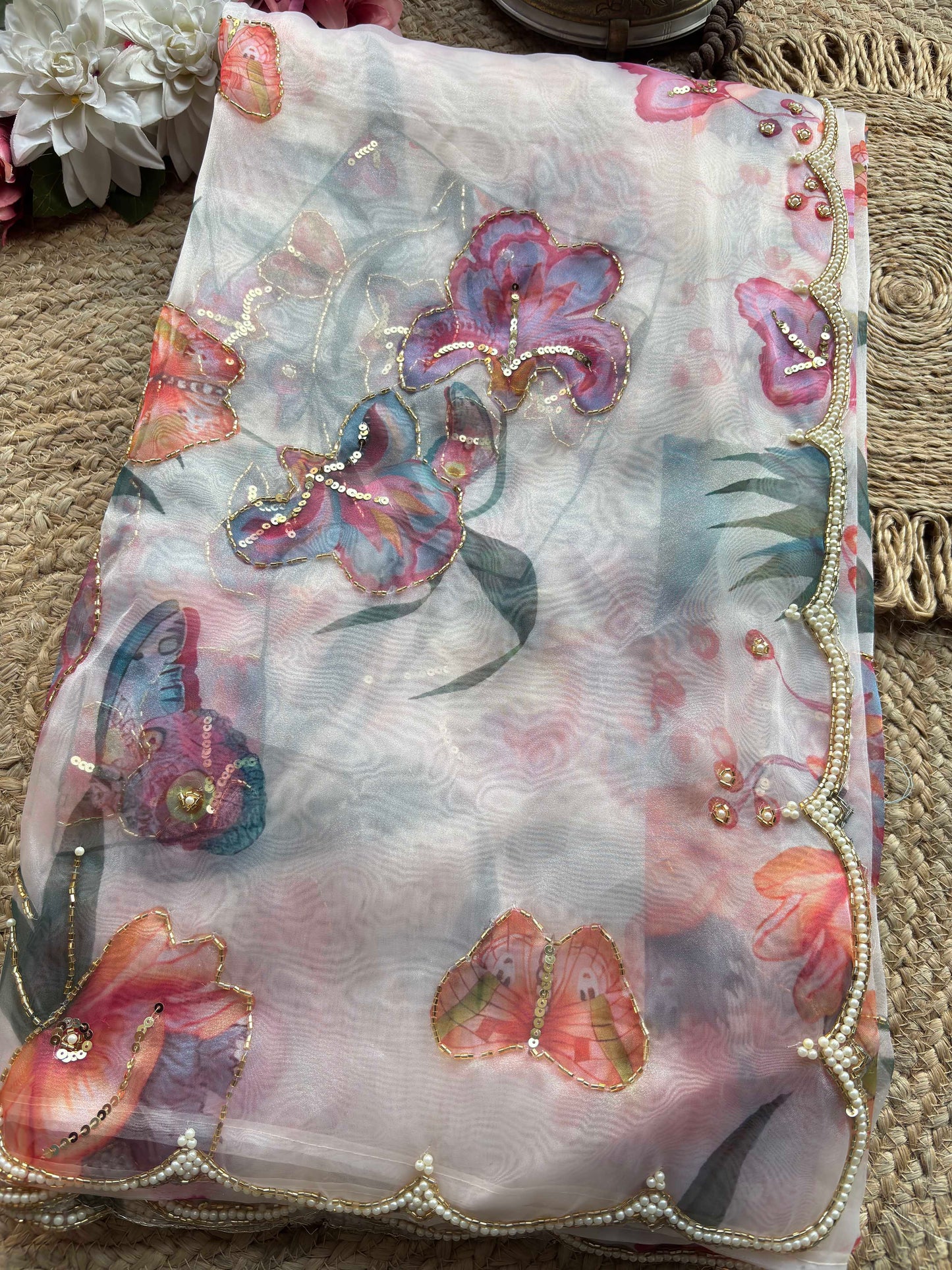 Ivory Blush Floral & Butterfly Printed Saree with Pearl Scallop Border