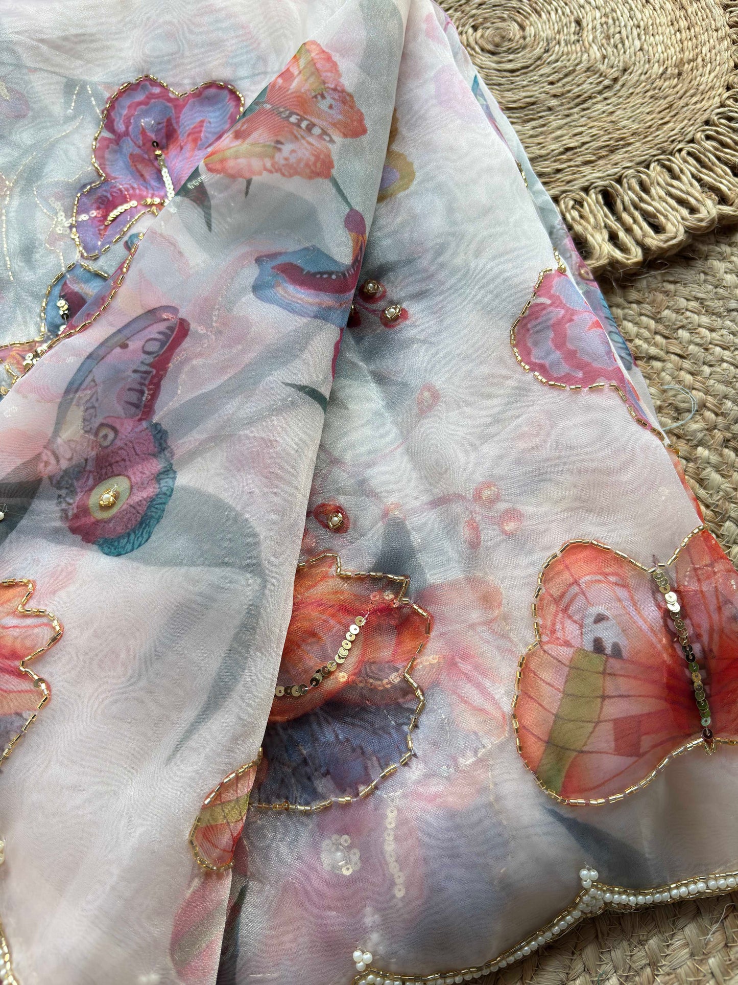 Ivory Blush Floral & Butterfly Printed Saree with Pearl Scallop Border