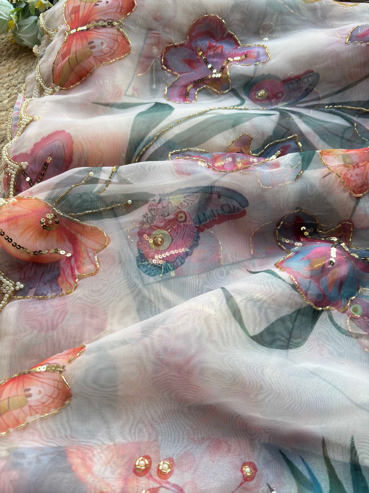 Ivory Blush Floral & Butterfly Printed Saree with Pearl Scallop Border