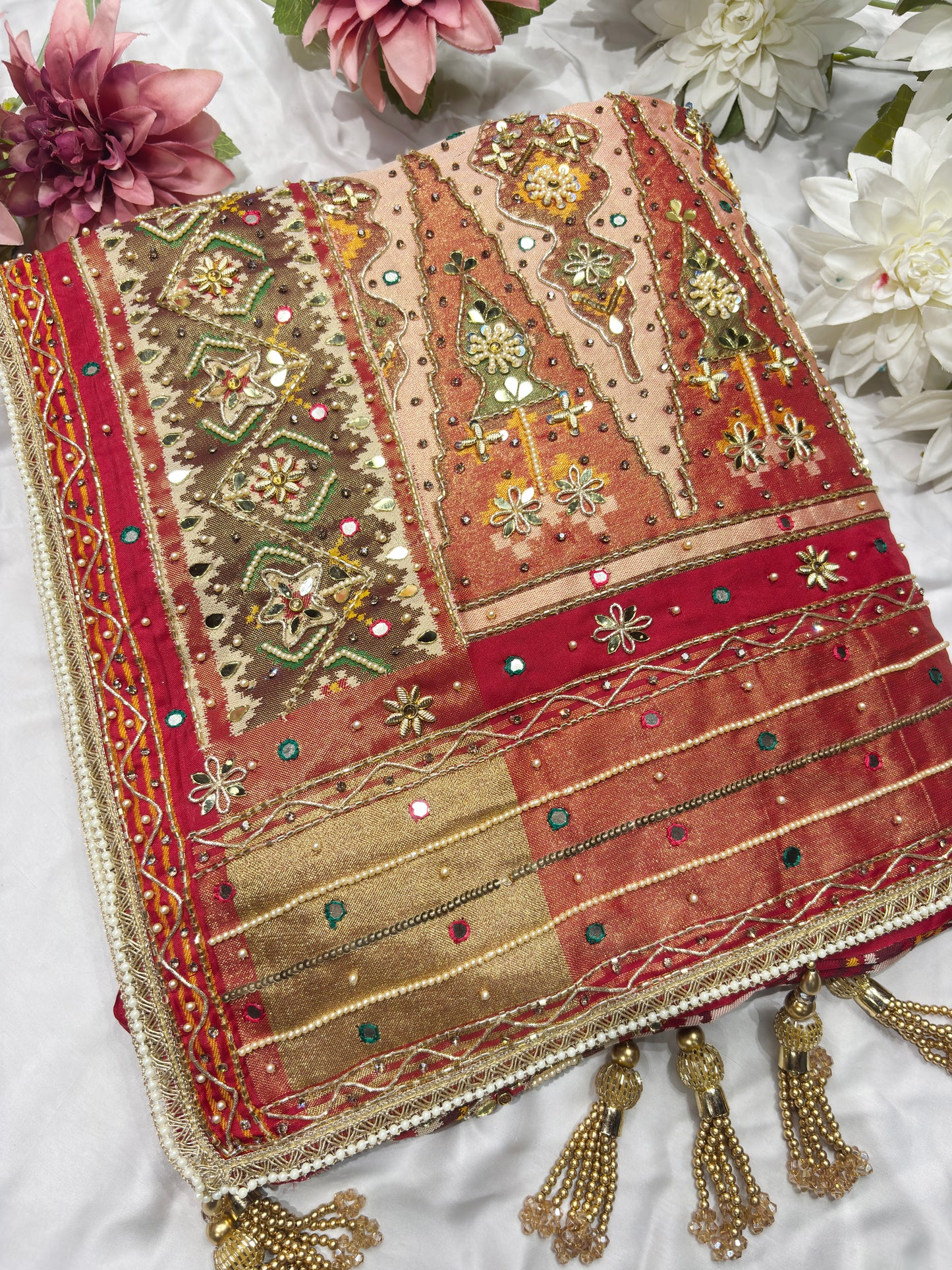 Traditional Patola Silk Saree with Heavy Embroidered Border & Designer Pallu