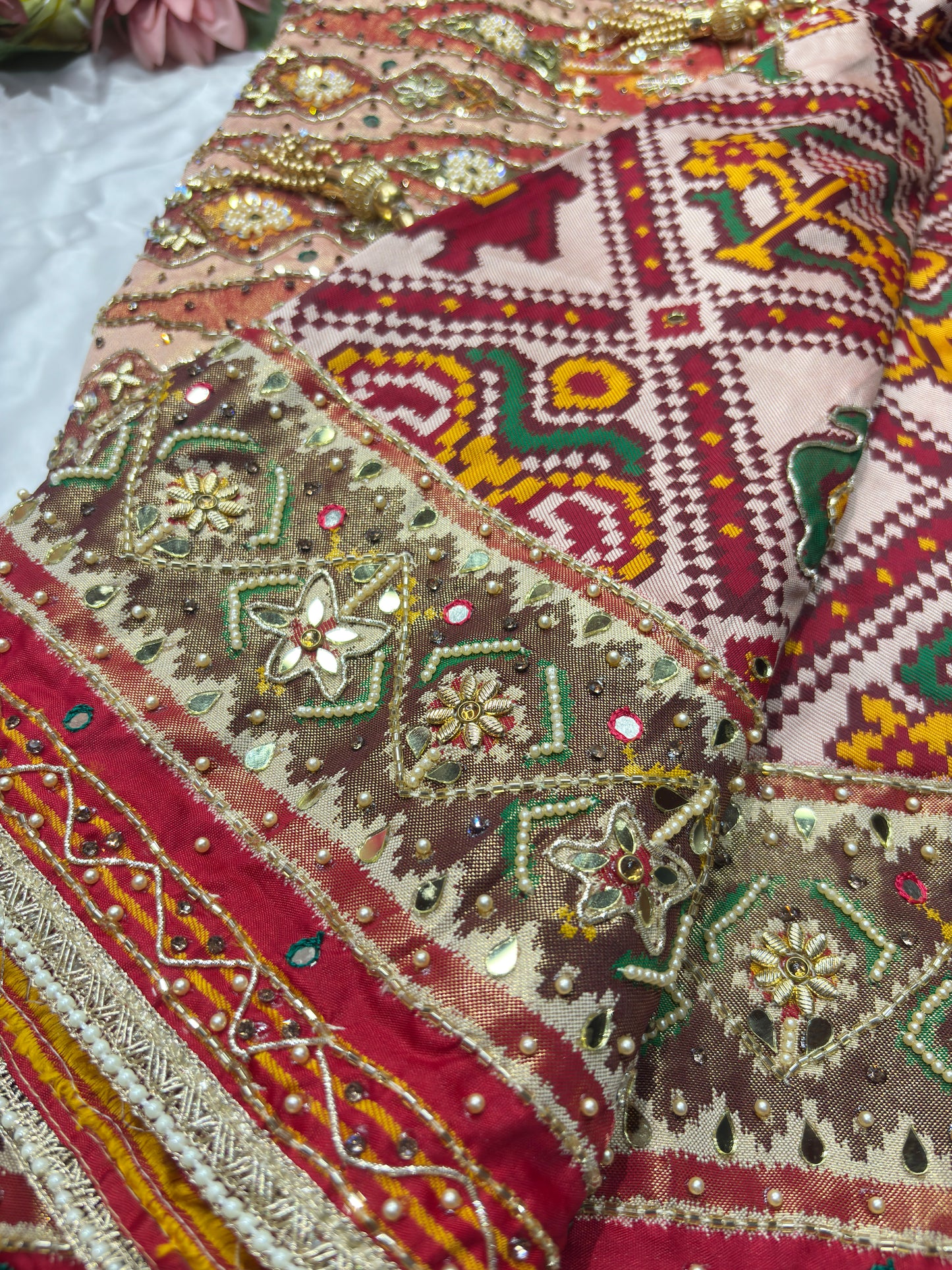 Traditional Patola Silk Saree with Heavy Embroidered Border & Designer Pallu