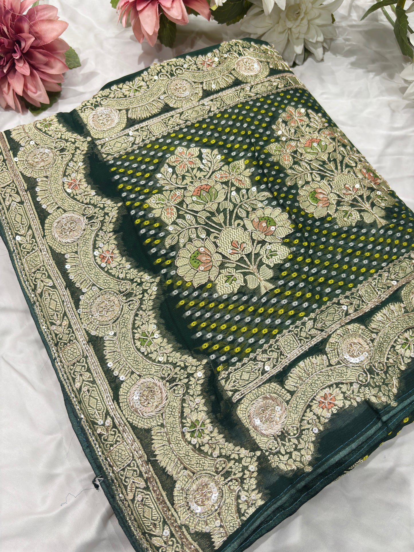 Elegant Green Bandhani Saree with Heavy Zari Embroidery & Designer Border