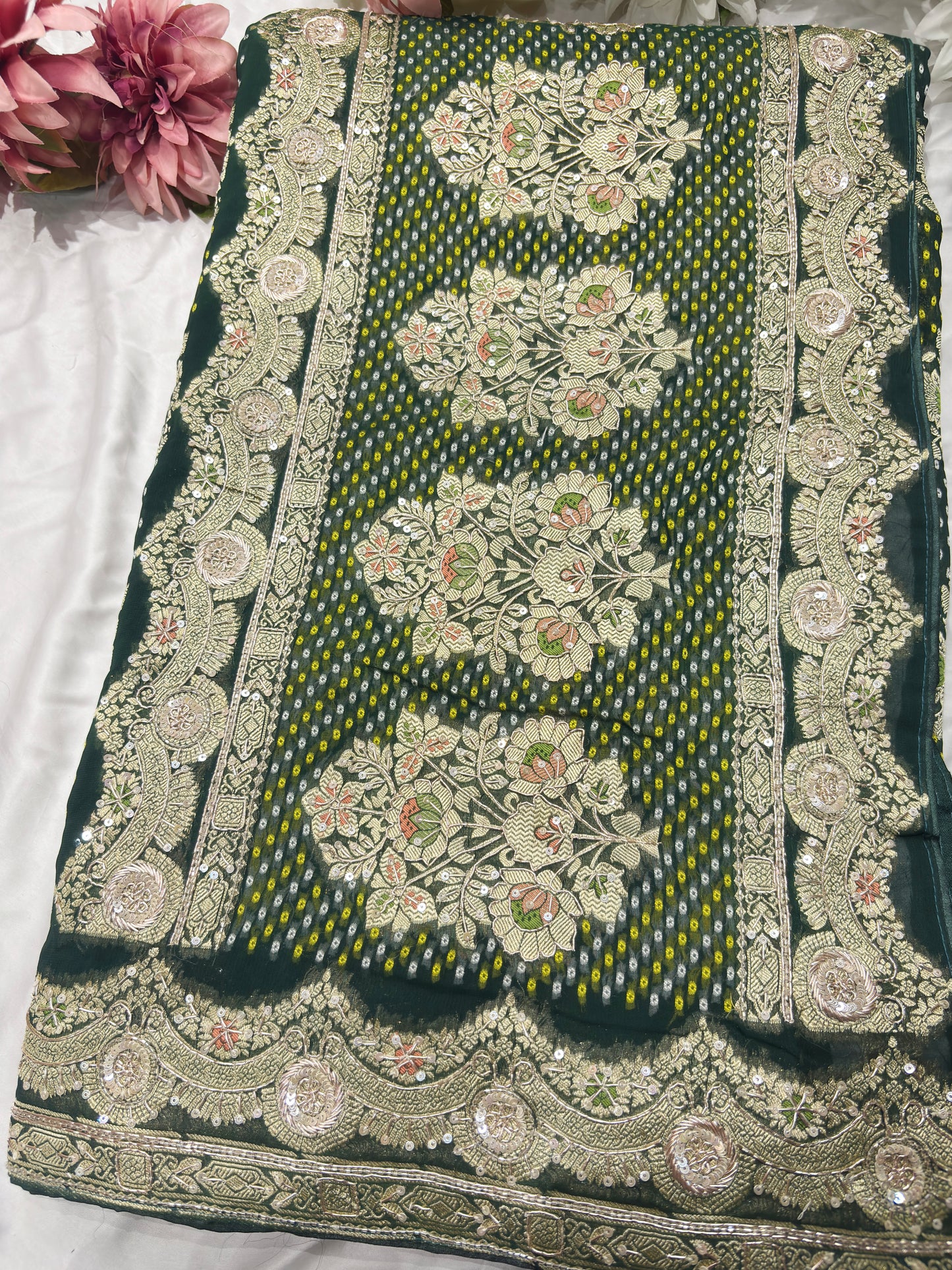 Elegant Green Bandhani Saree with Heavy Zari Embroidery & Designer Border