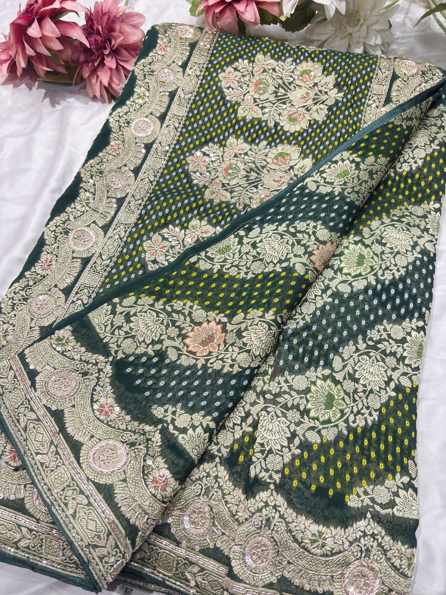Elegant Green Bandhani Saree with Heavy Zari Embroidery & Designer Border