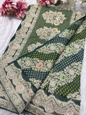 Elegant Green Bandhani Saree with Heavy Zari Embroidery & Designer Border
