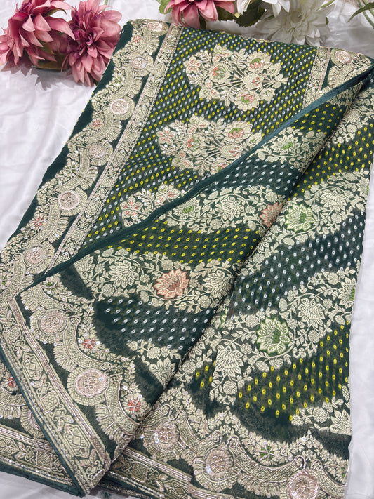 Elegant Green Bandhani Saree with Heavy Zari Embroidery & Designer Border