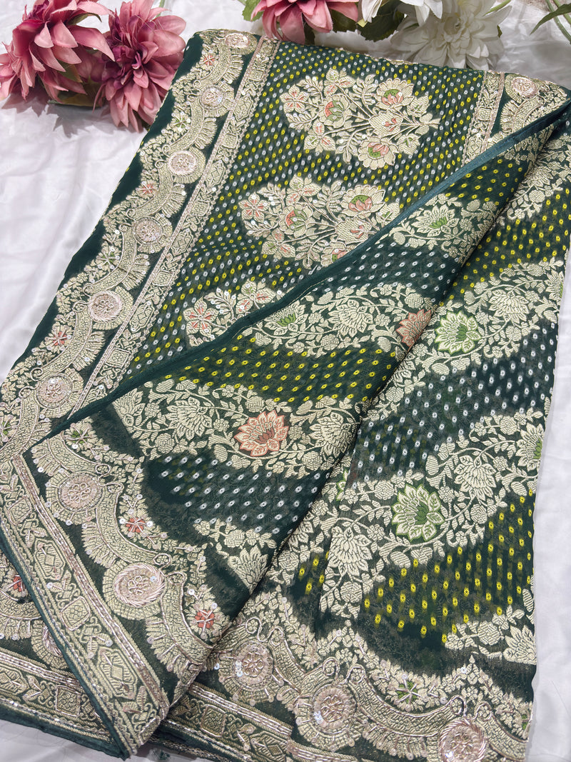 Elegant Green Bandhani Saree with Heavy Zari Embroidery & Designer Border