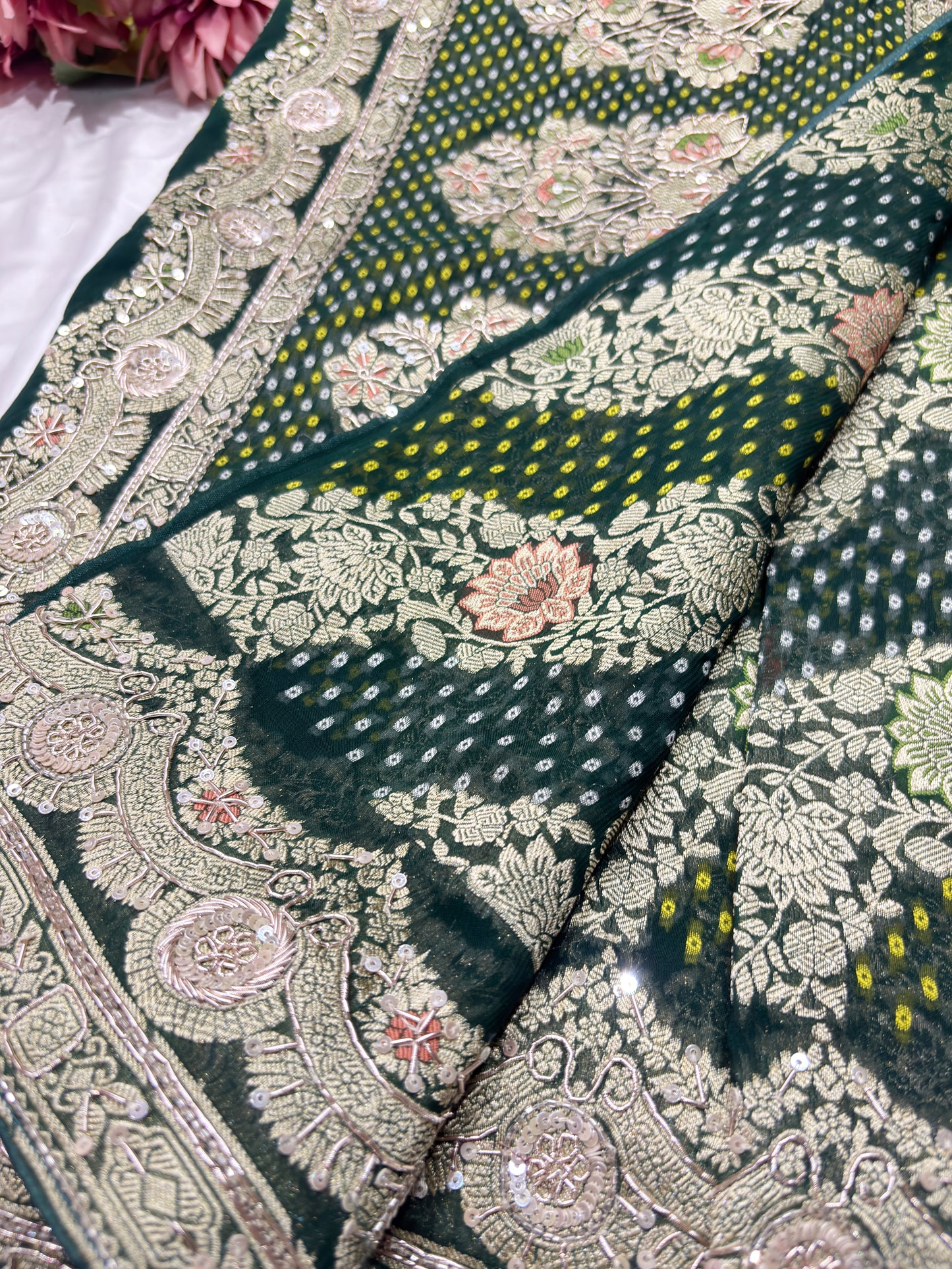 Elegant Green Bandhani Saree with Heavy Zari Embroidery & Designer Border