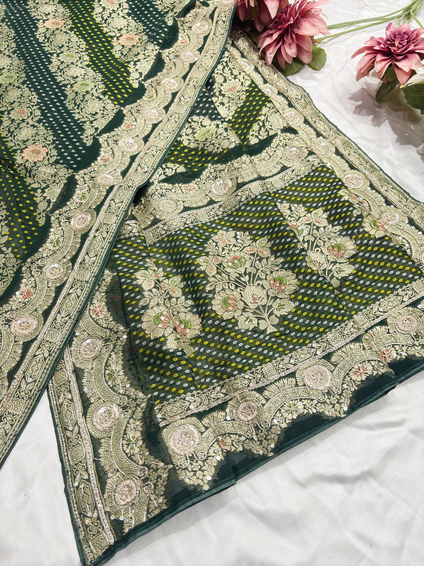 Elegant Green Bandhani Saree with Heavy Zari Embroidery & Designer Border