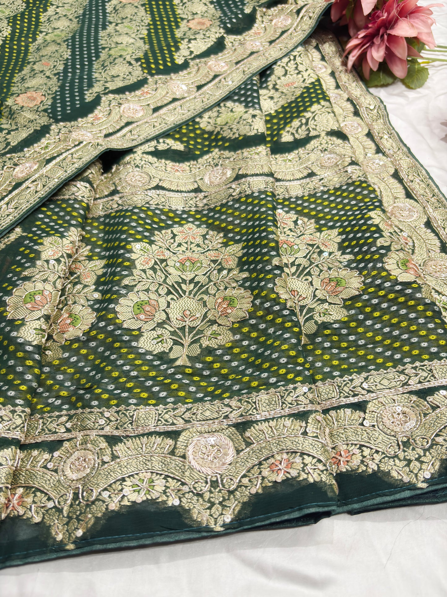 Elegant Green Bandhani Saree with Heavy Zari Embroidery & Designer Border