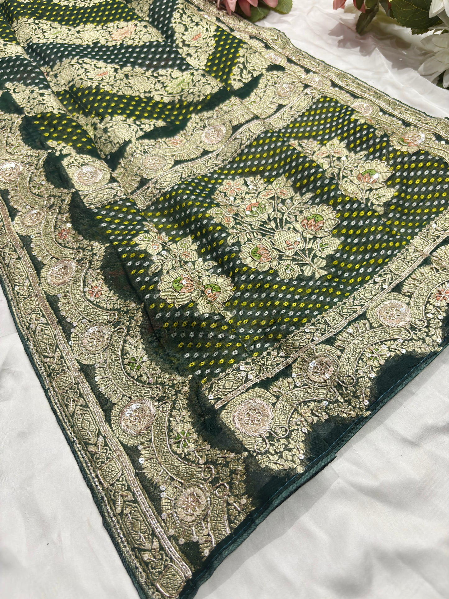 Elegant Green Bandhani Saree with Heavy Zari Embroidery & Designer Border