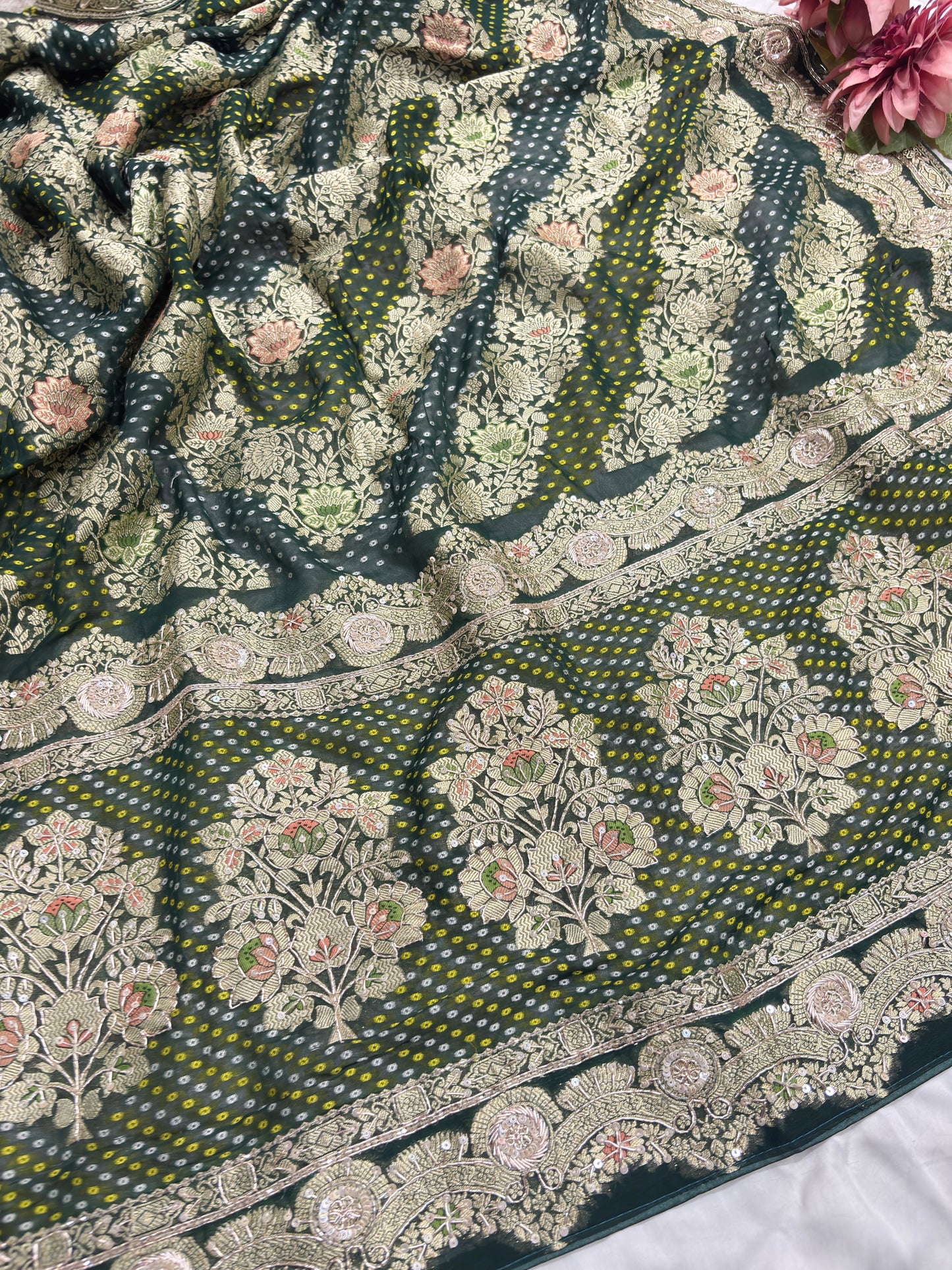 Elegant Green Bandhani Saree with Heavy Zari Embroidery & Designer Border