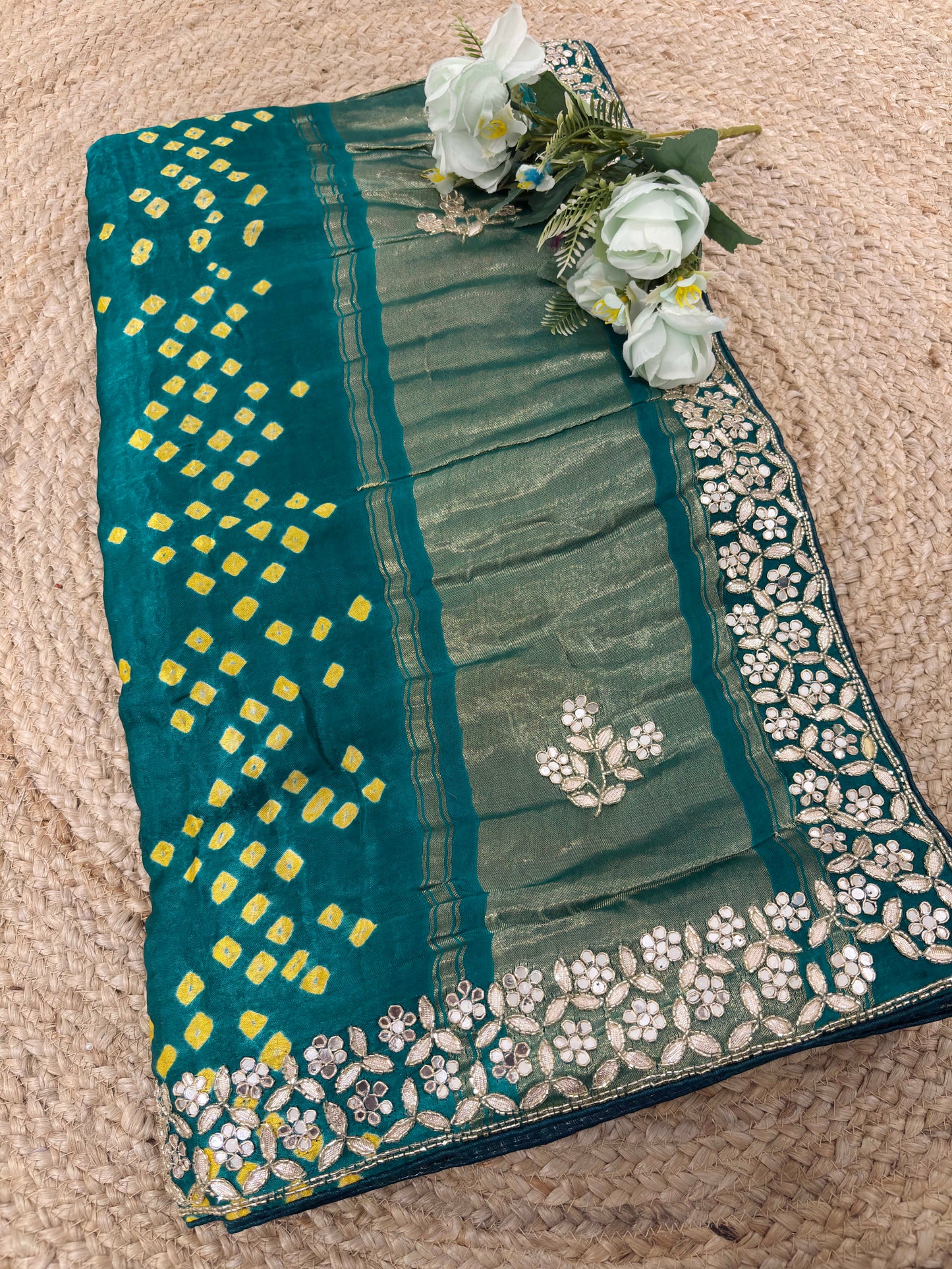 Teal Green Bandhani Saree with Mirror Embroidery