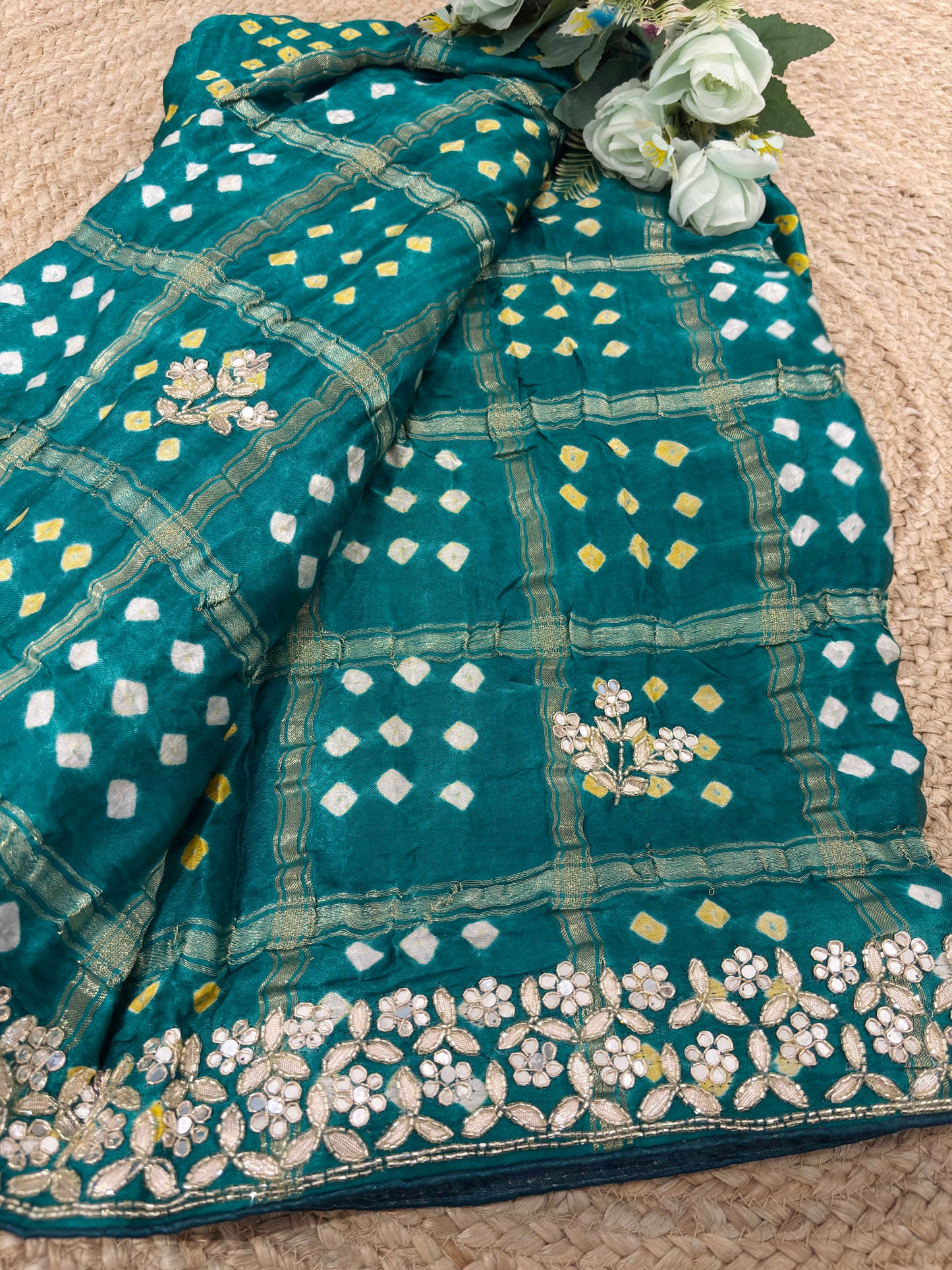 Teal Green Bandhani Saree with Mirror Embroidery