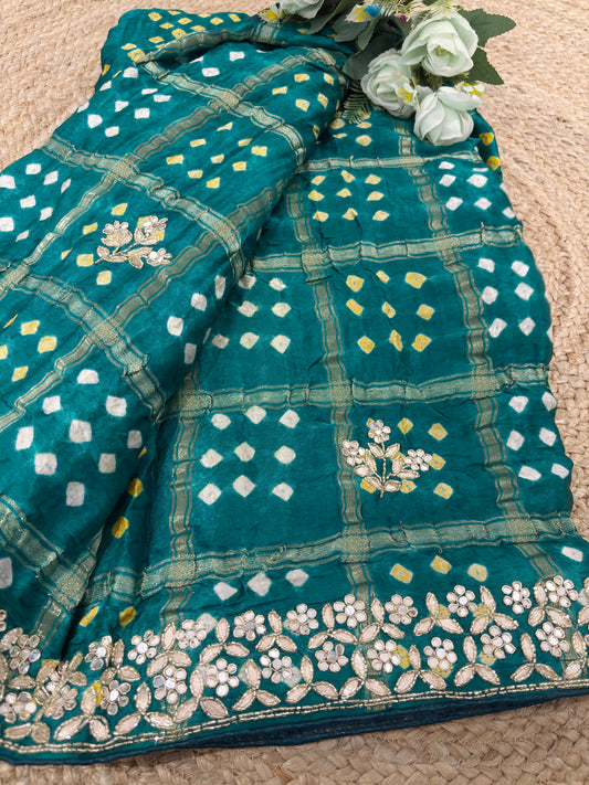 Teal Green Bandhani Saree with Mirror Embroidery