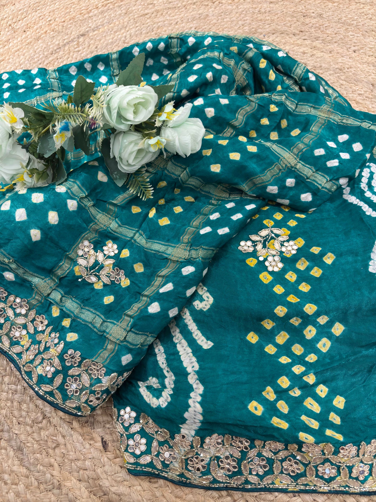 Teal Green Bandhani Saree with Mirror Embroidery