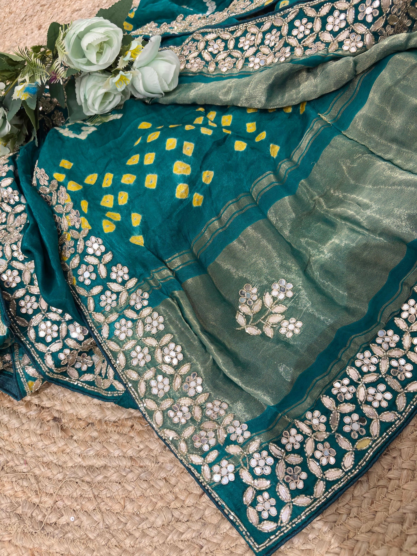 Teal Green Bandhani Saree with Mirror Embroidery