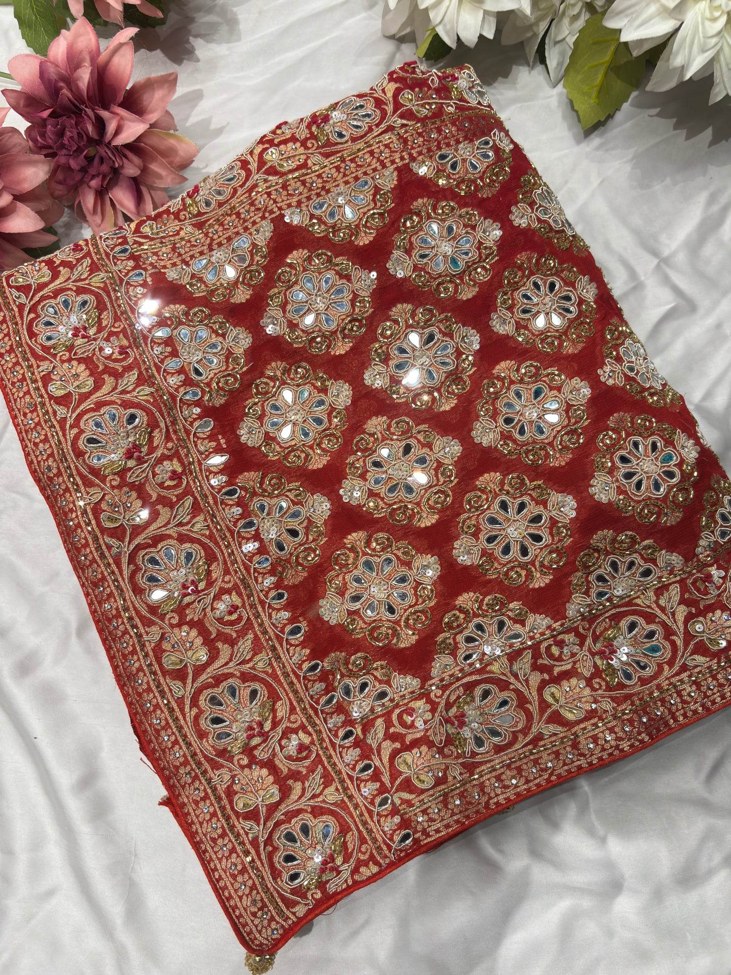 Red Pink Designer Bandhani Saree with Heavy Embroidered Border