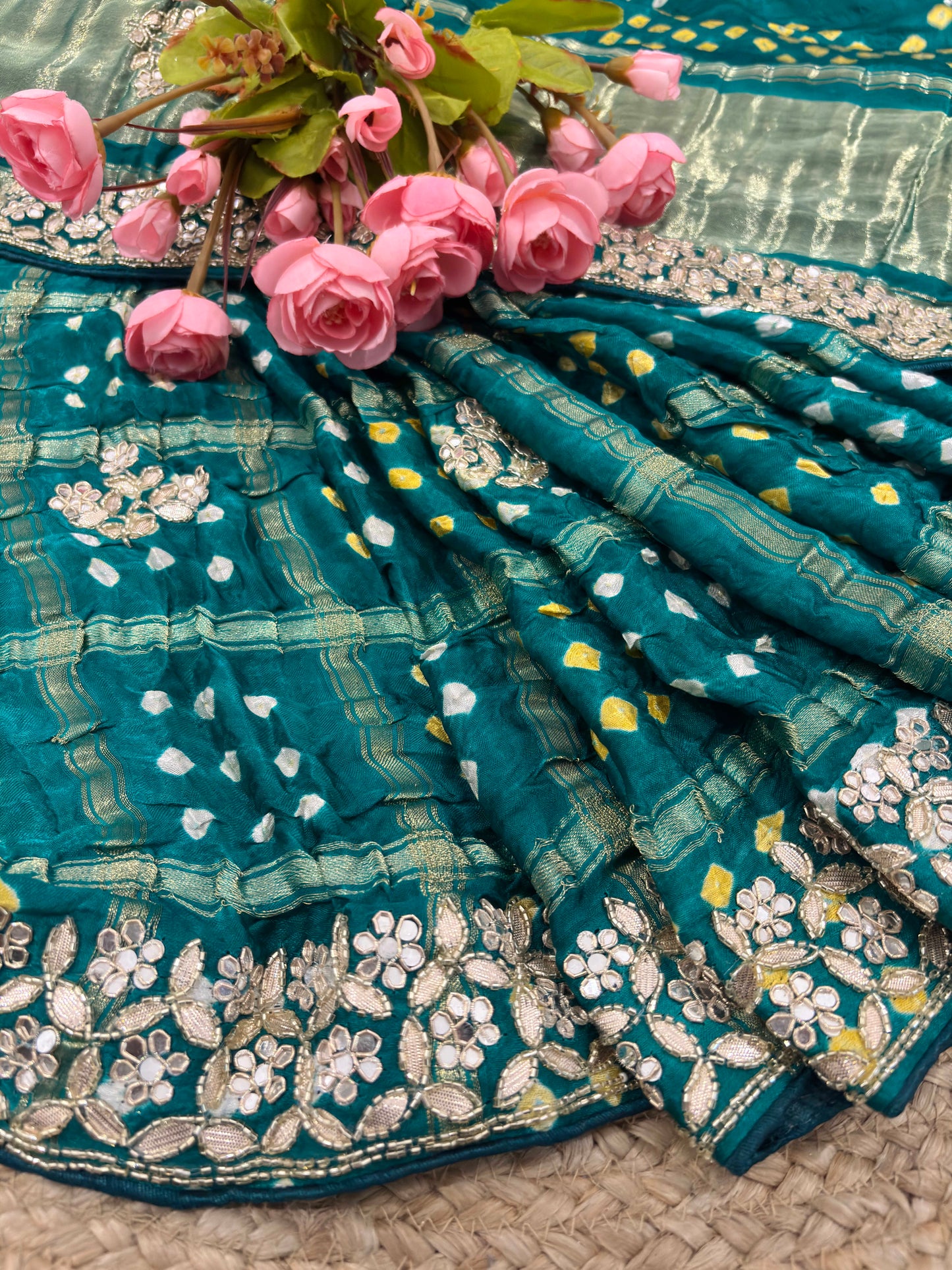 Teal Green Bandhani Saree with Mirror Embroidery