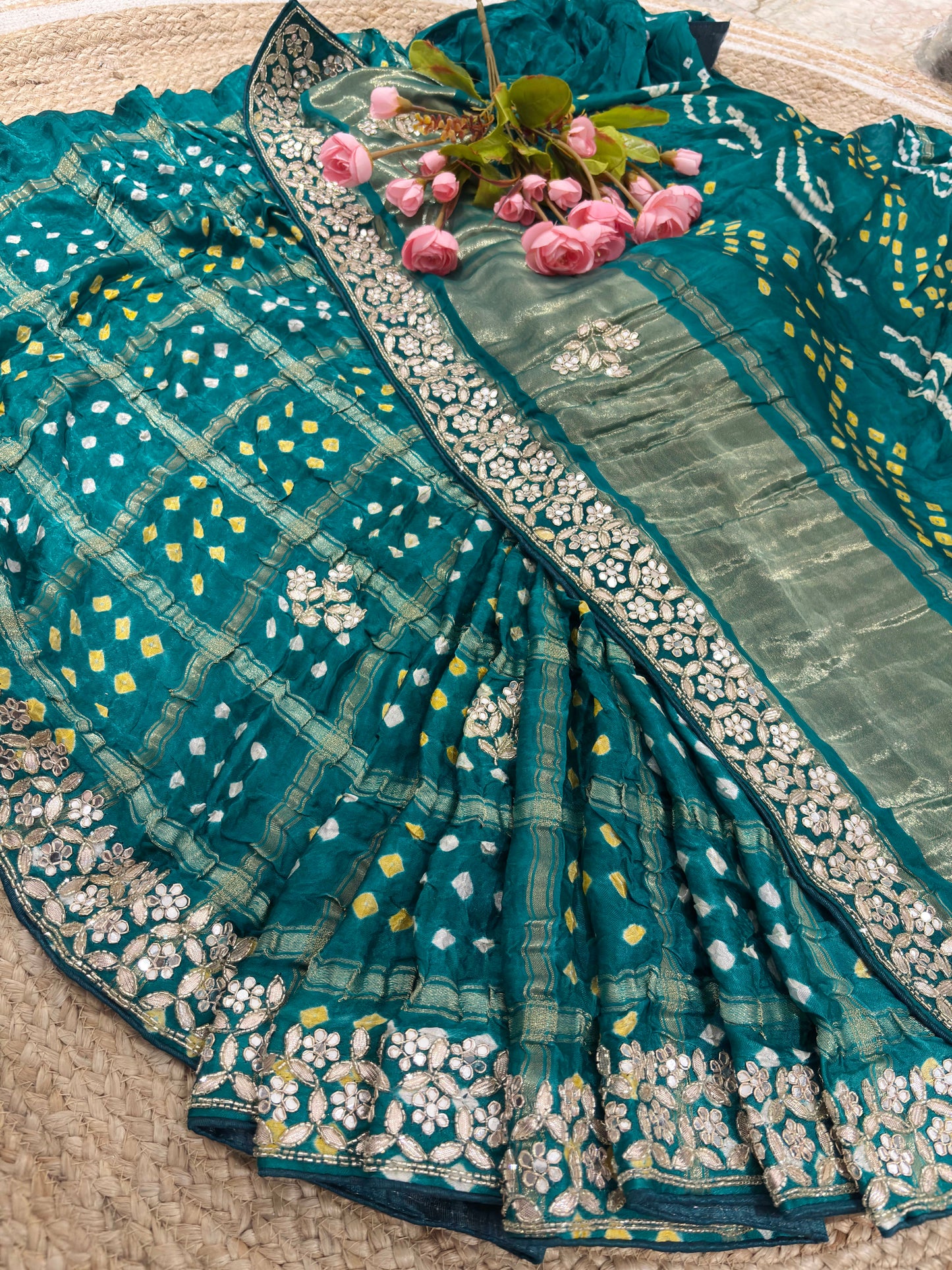 Teal Green Bandhani Saree with Mirror Embroidery