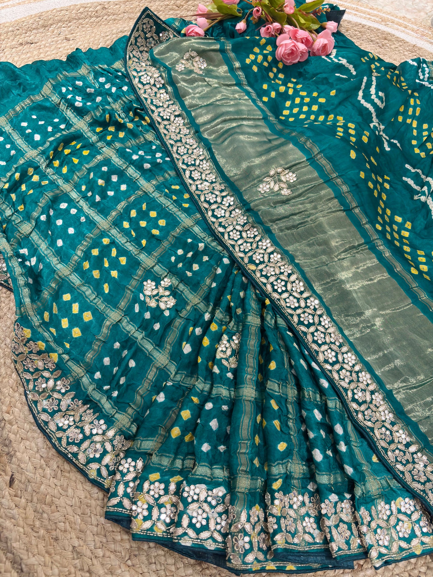 Teal Green Bandhani Saree with Mirror Embroidery