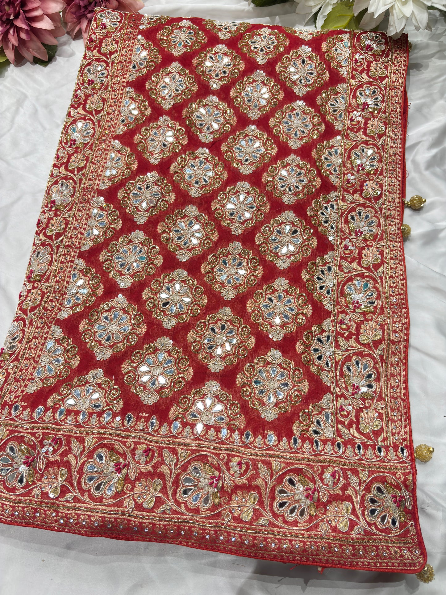 Red Pink Designer Bandhani Saree with Heavy Embroidered Border
