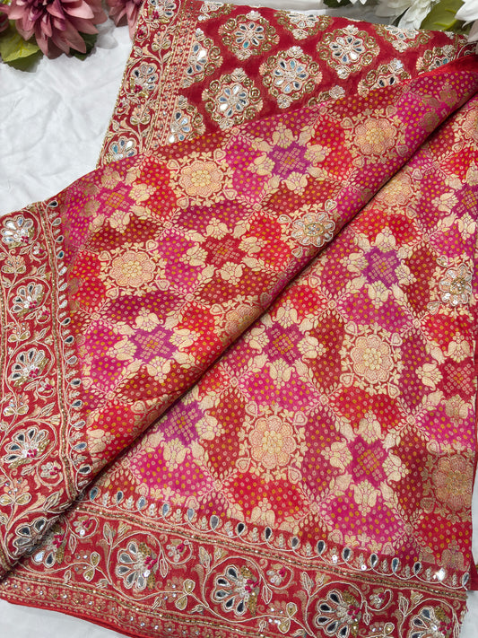 Red Pink Designer Bandhani Saree with Heavy Embroidered Border