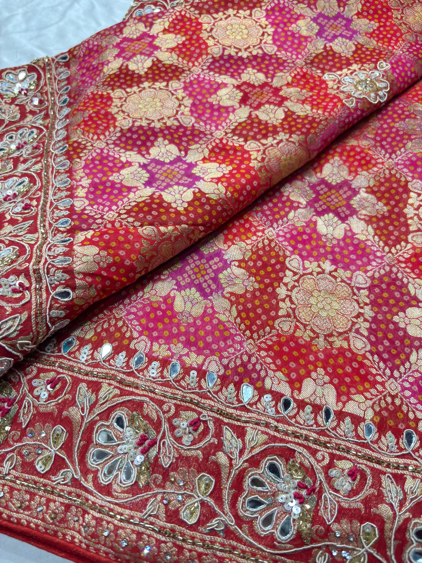 Red Pink Designer Bandhani Saree with Heavy Embroidered Border