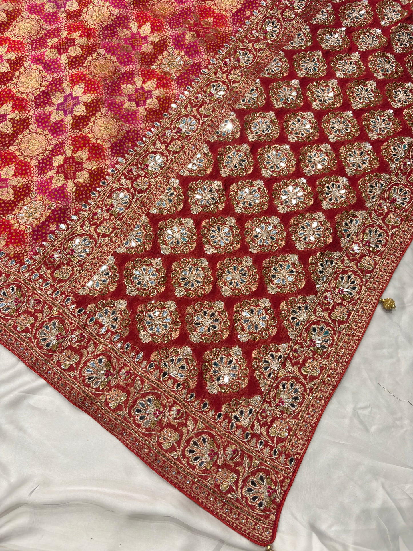 Red Pink Designer Bandhani Saree with Heavy Embroidered Border