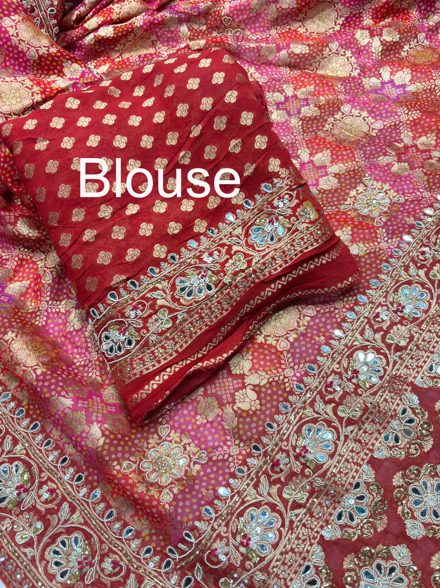 Red Pink Designer Bandhani Saree with Heavy Embroidered Border