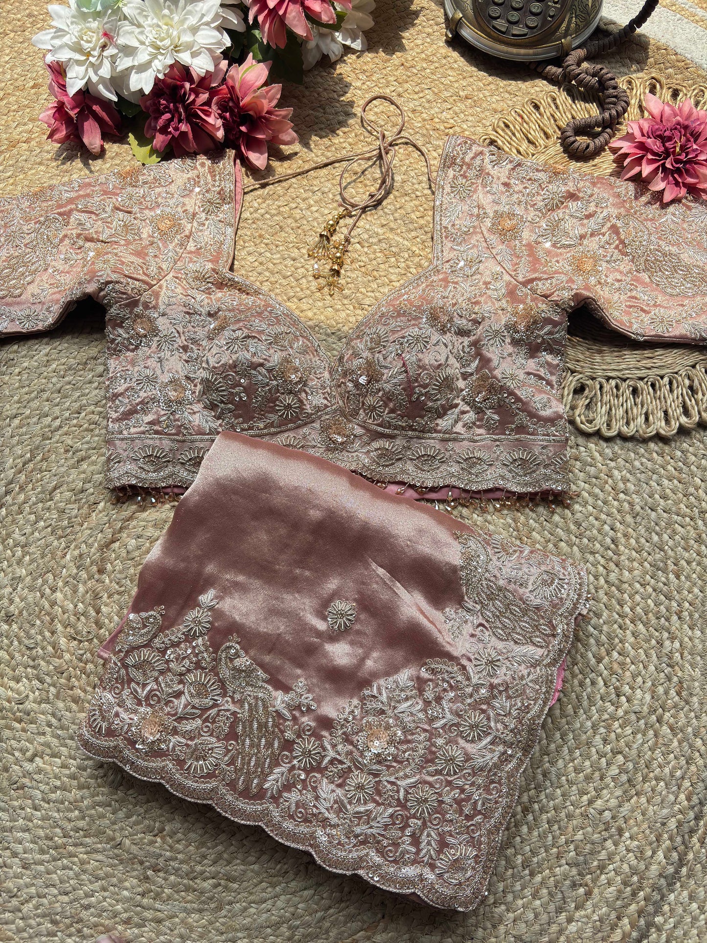 Dusty Rose Embroidered Saree with Designer Blouse Elegant Wedding Wear