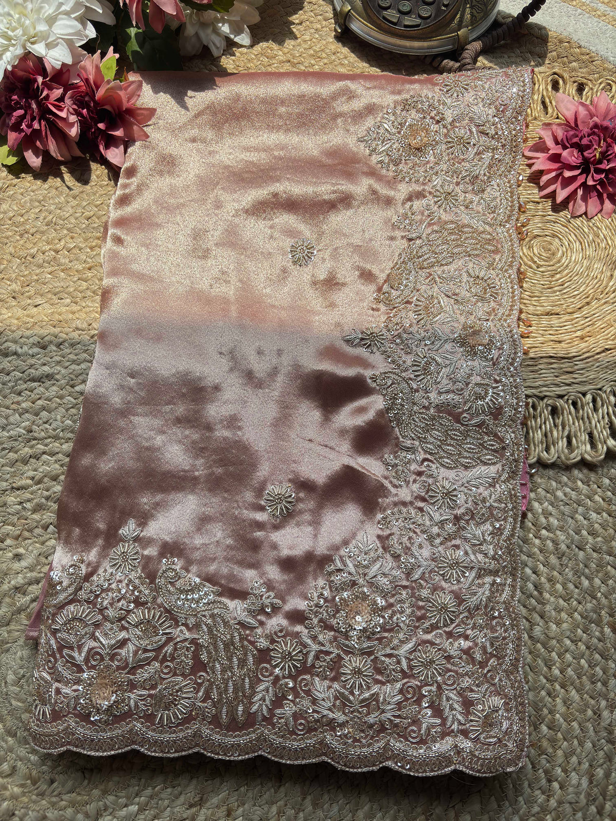 Dusty Rose Embroidered Saree with Designer Blouse Elegant Wedding Wear
