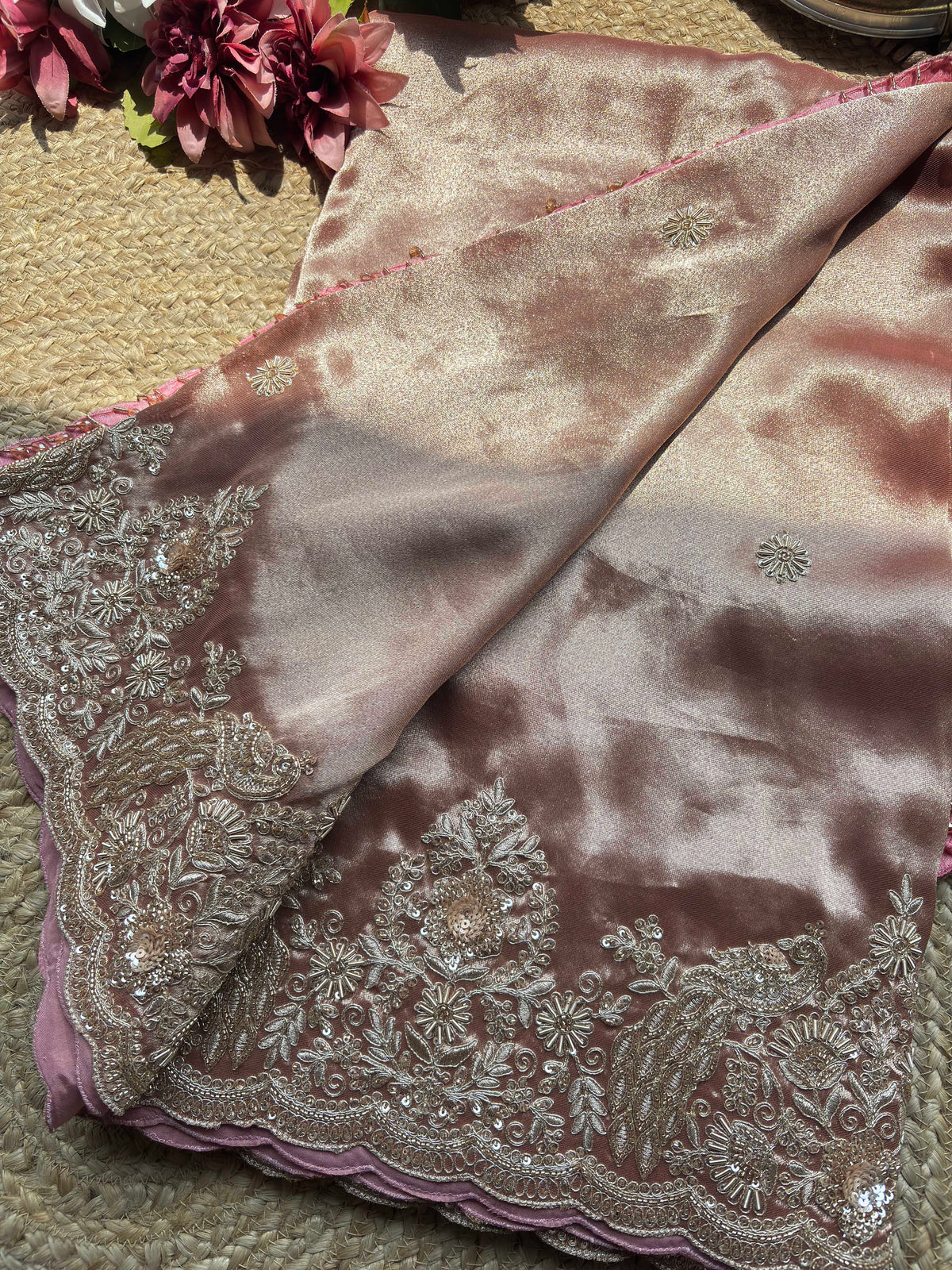 Dusty Rose Embroidered Saree with Designer Blouse Elegant Wedding Wear