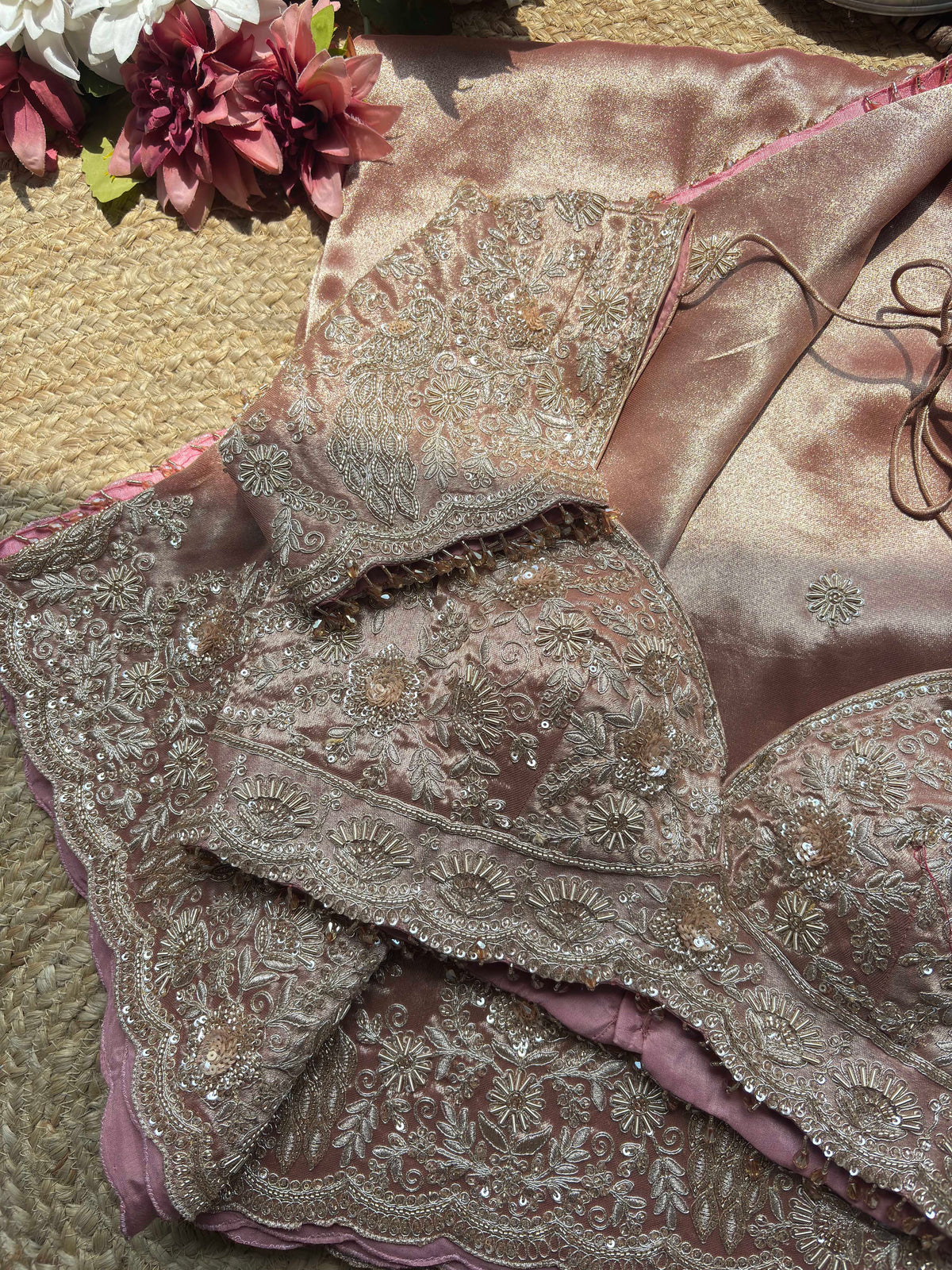 Dusty Rose Embroidered Saree with Designer Blouse Elegant Wedding Wear