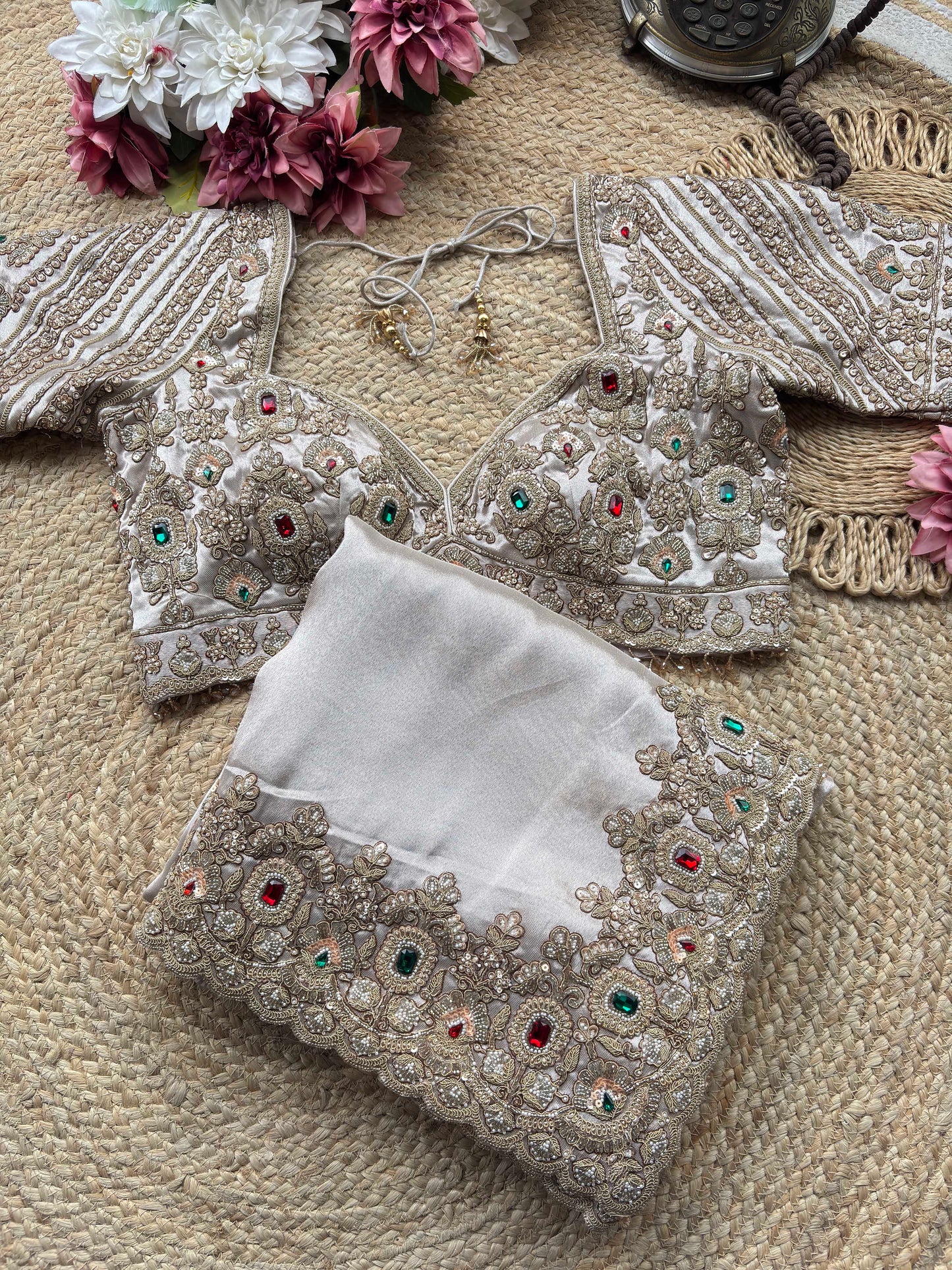 Ivory Gold Embroidered Saree with Jewel Embellished Designer Blouse