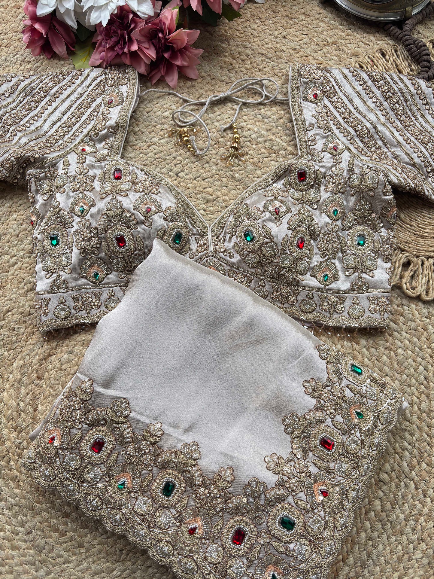 Ivory Gold Embroidered Saree with Jewel Embellished Designer Blouse