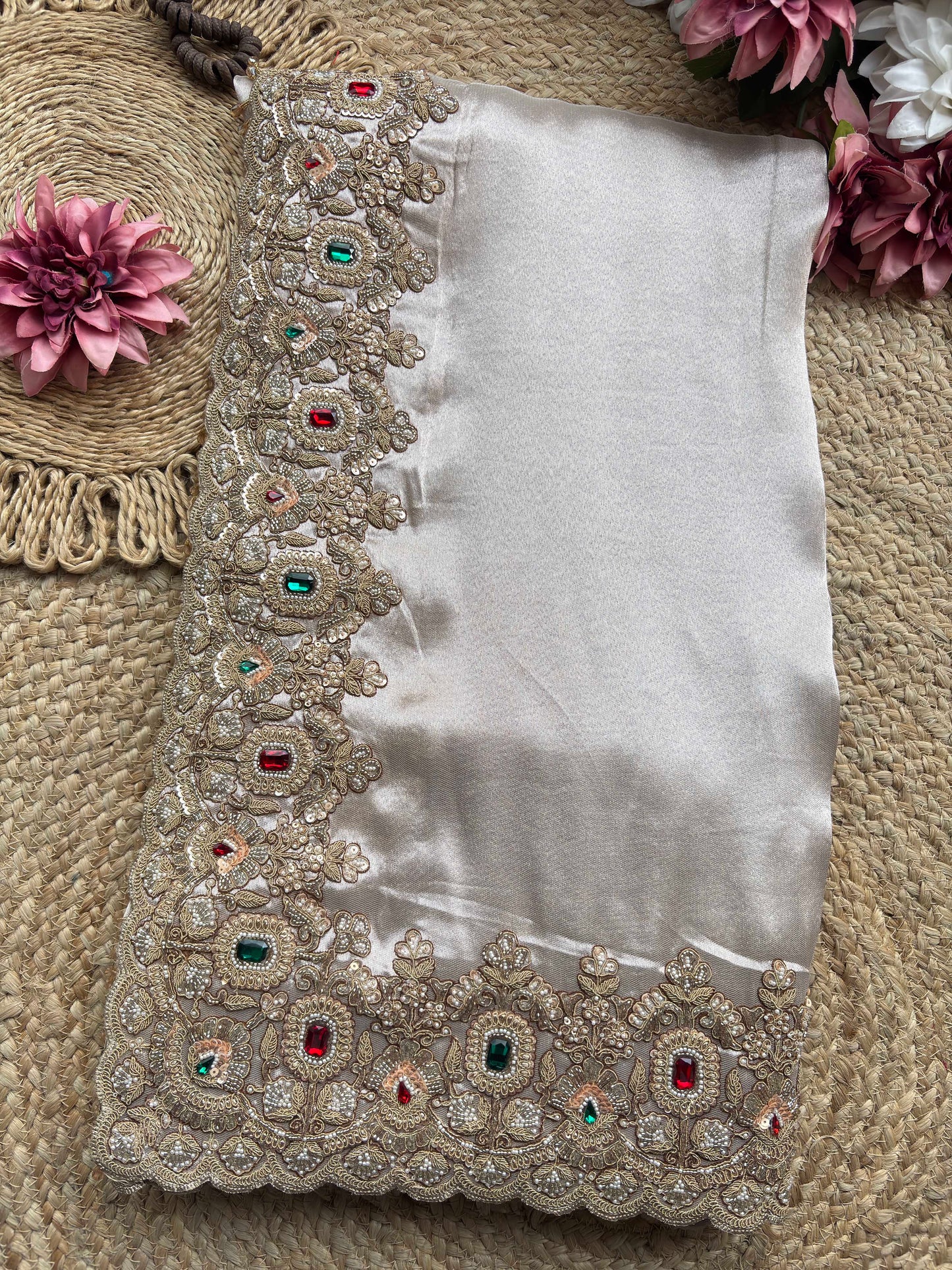 Ivory Gold Embroidered Saree with Jewel Embellished Designer Blouse