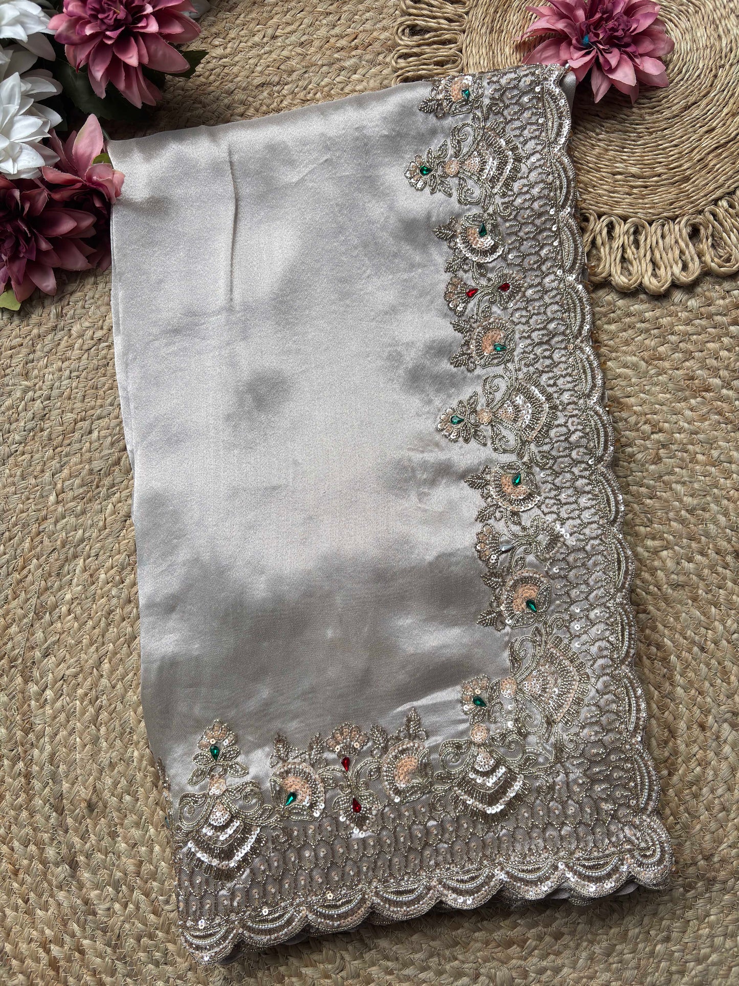 Silver Grey Embroidered Saree with Jewel Embellished Designer Blouse